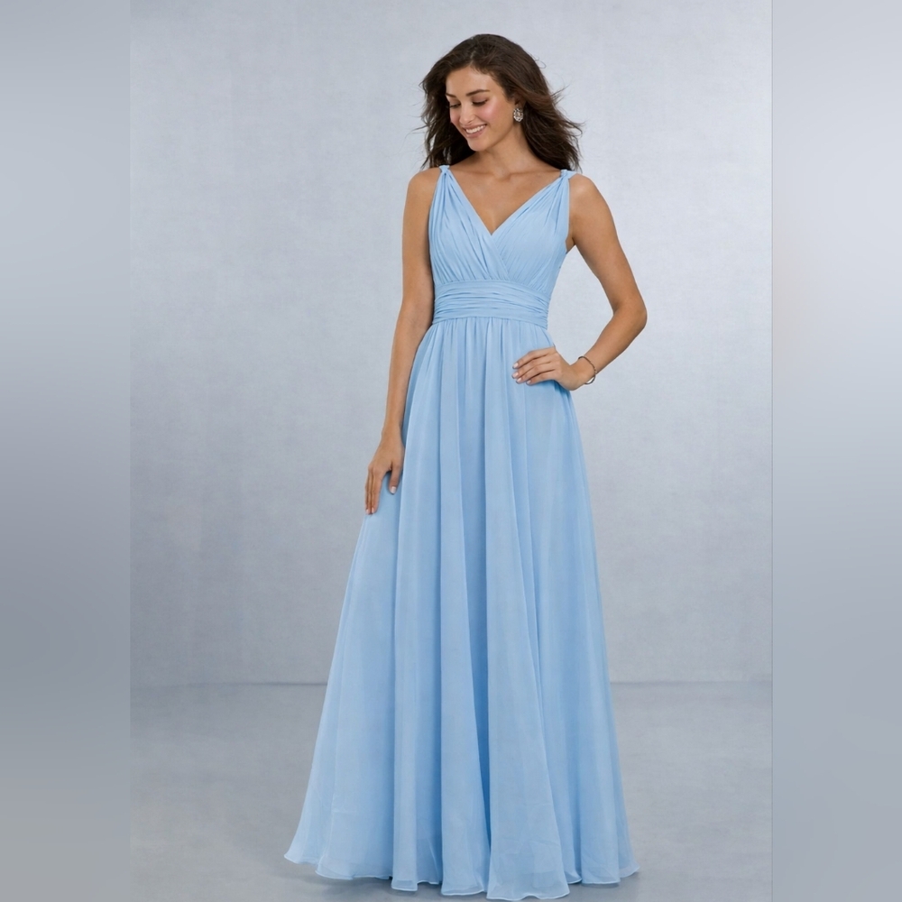 Mori Lee Bridesmaid Chiffon Dress  V-Neckline V-Back Sky Blue Size Plus 18